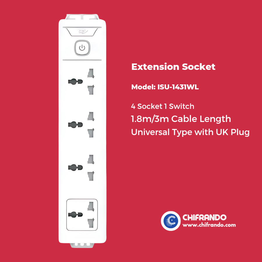 Itel 4-Way Extension Socket – 1.8m/3m Cable Power Strip for Home & Office