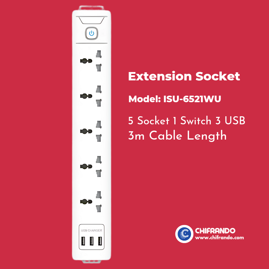 Itel 5-Way Extension Socket with 3 USB Ports – 3m Cable Power Strip