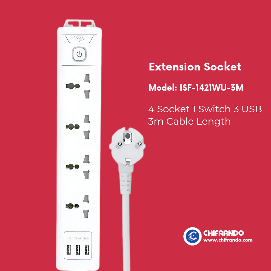 Itel 4-Way Extension Socket with 3 USB Ports – 3m Cable Power Strip